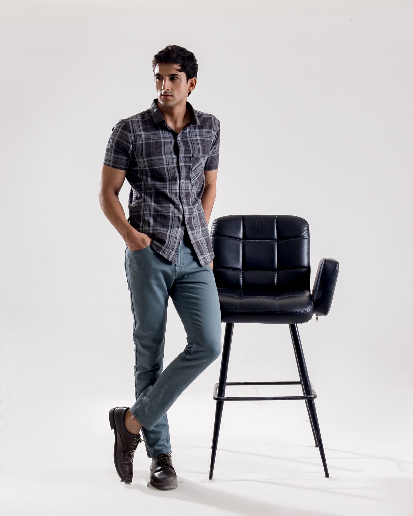 Checkered Grey Cut - Away Collar Shirt