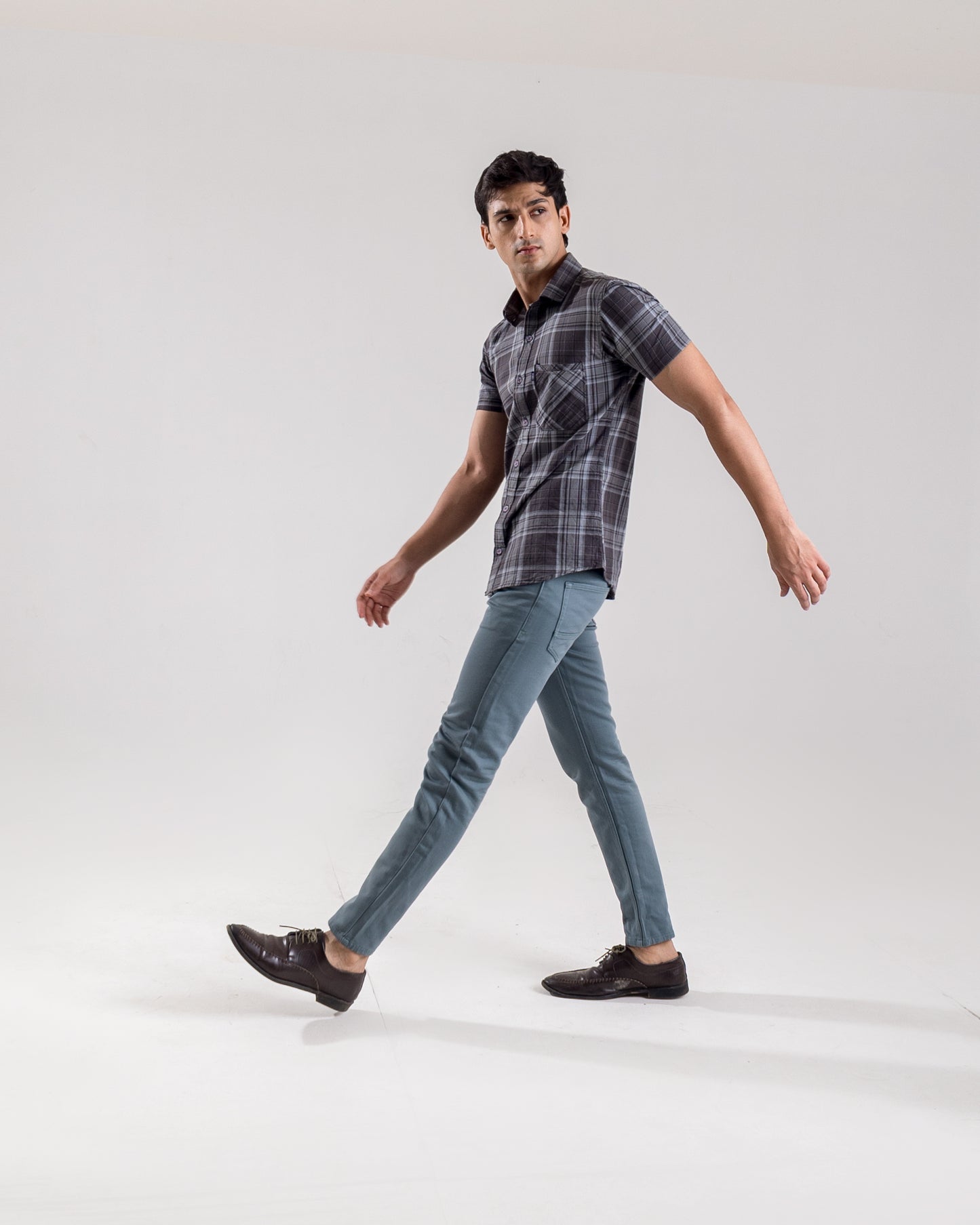 Checkered Grey Cut - Away Collar Shirt