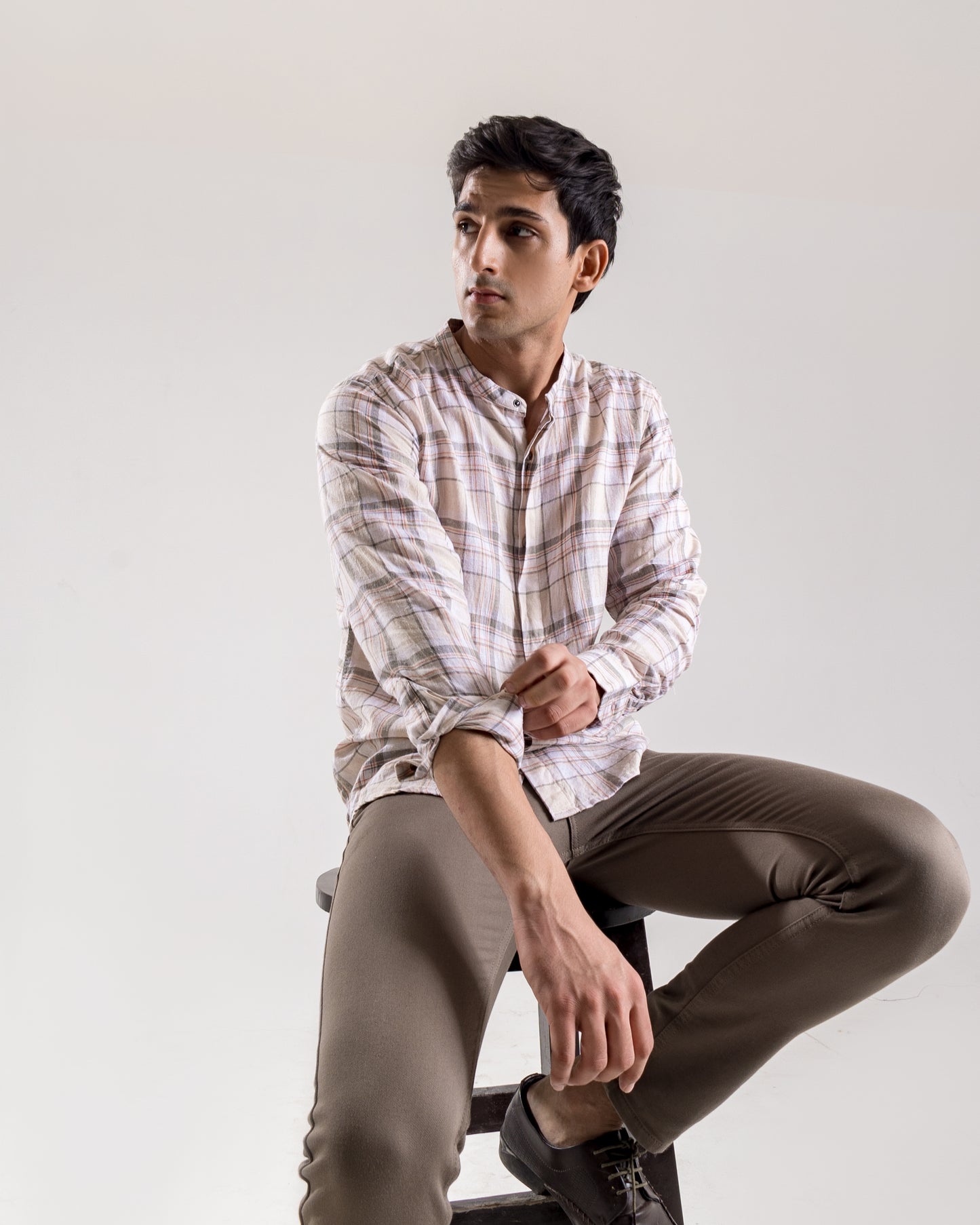 Mandarin Collar Cotton - Linen Check Shirt-Casual Khakhi