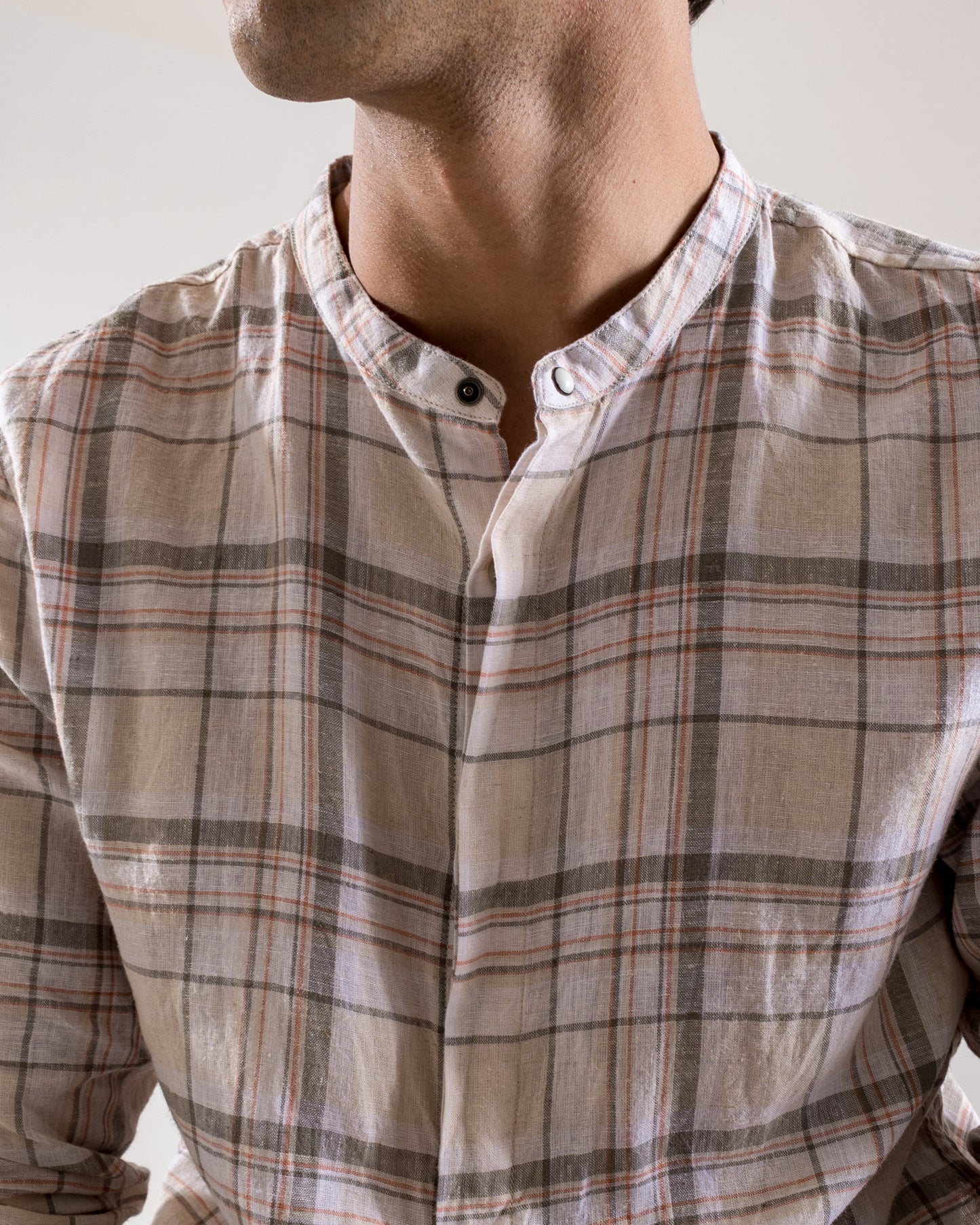 Mandarin Collar Cotton - Linen Check Shirt-Casual Khakhi