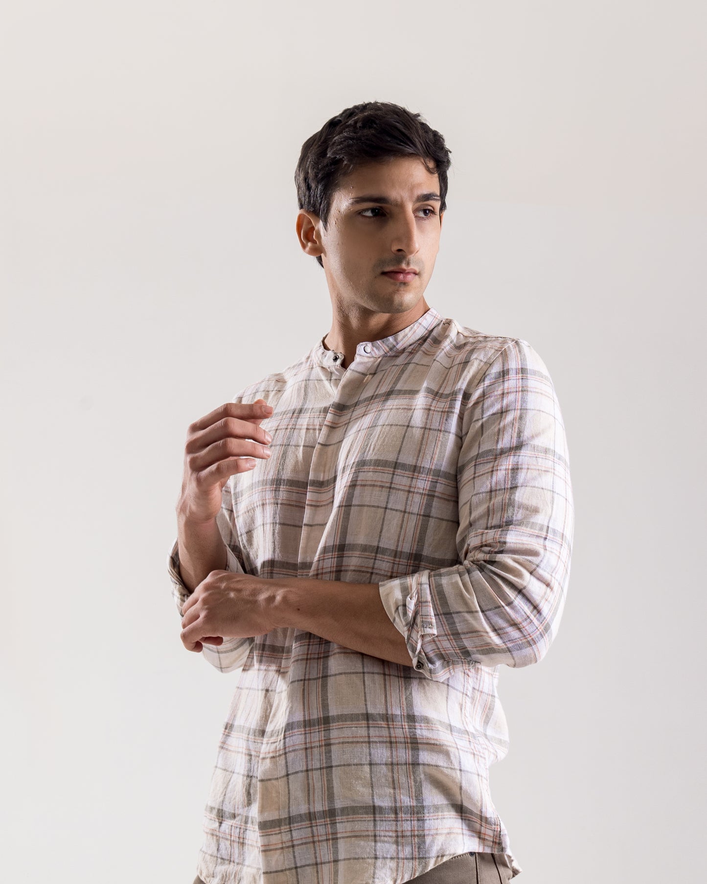 Mandarin Collar Cotton - Linen Check Shirt-Casual Khakhi