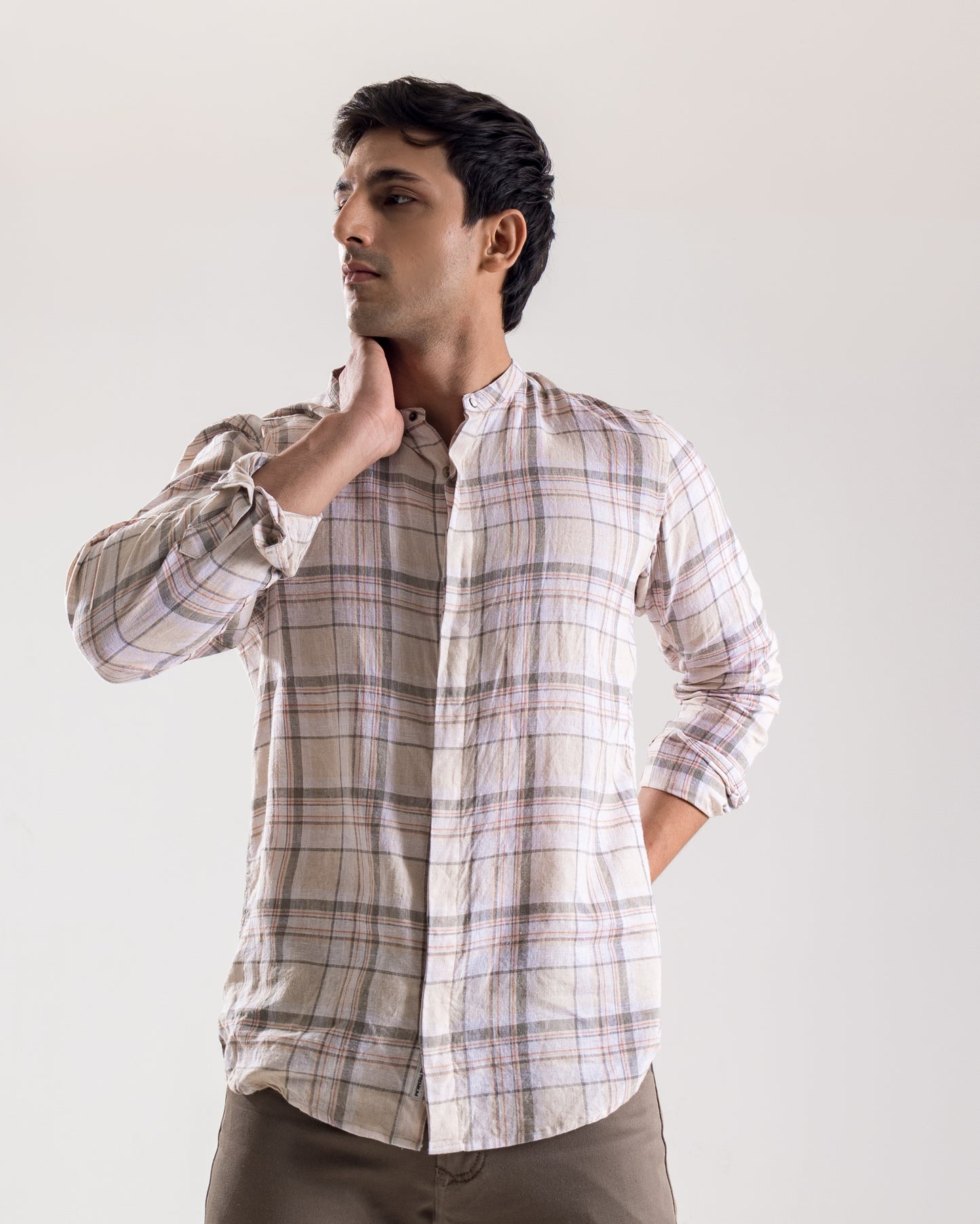 Mandarin Collar Cotton - Linen Check Shirt-Casual Khakhi