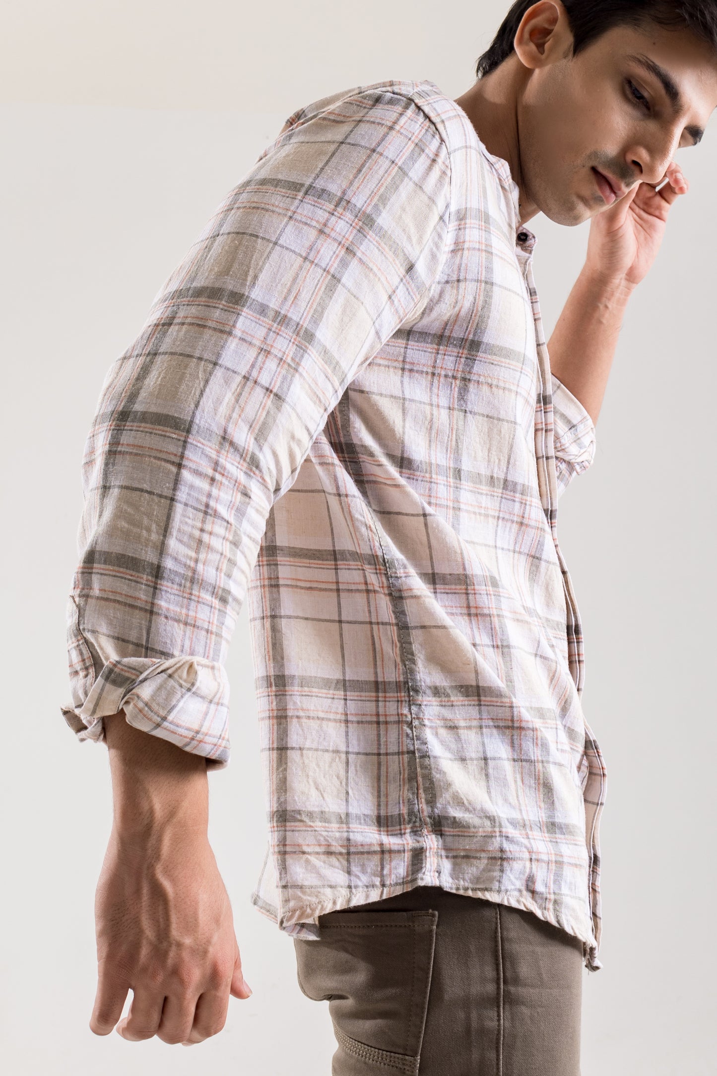 Mandarin Collar Cotton - Linen Check Shirt-Casual Khakhi