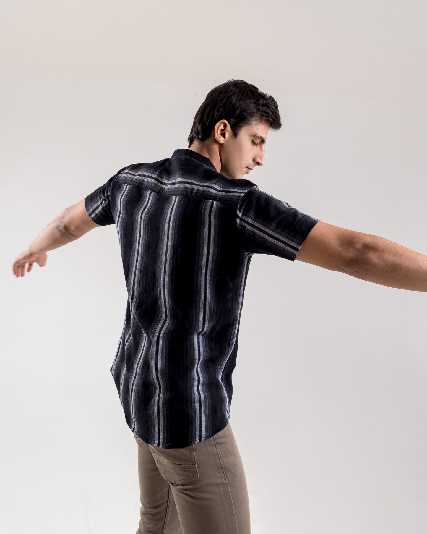 Black Regular Fit Structured Fabric Shirt with Contrast Stripes