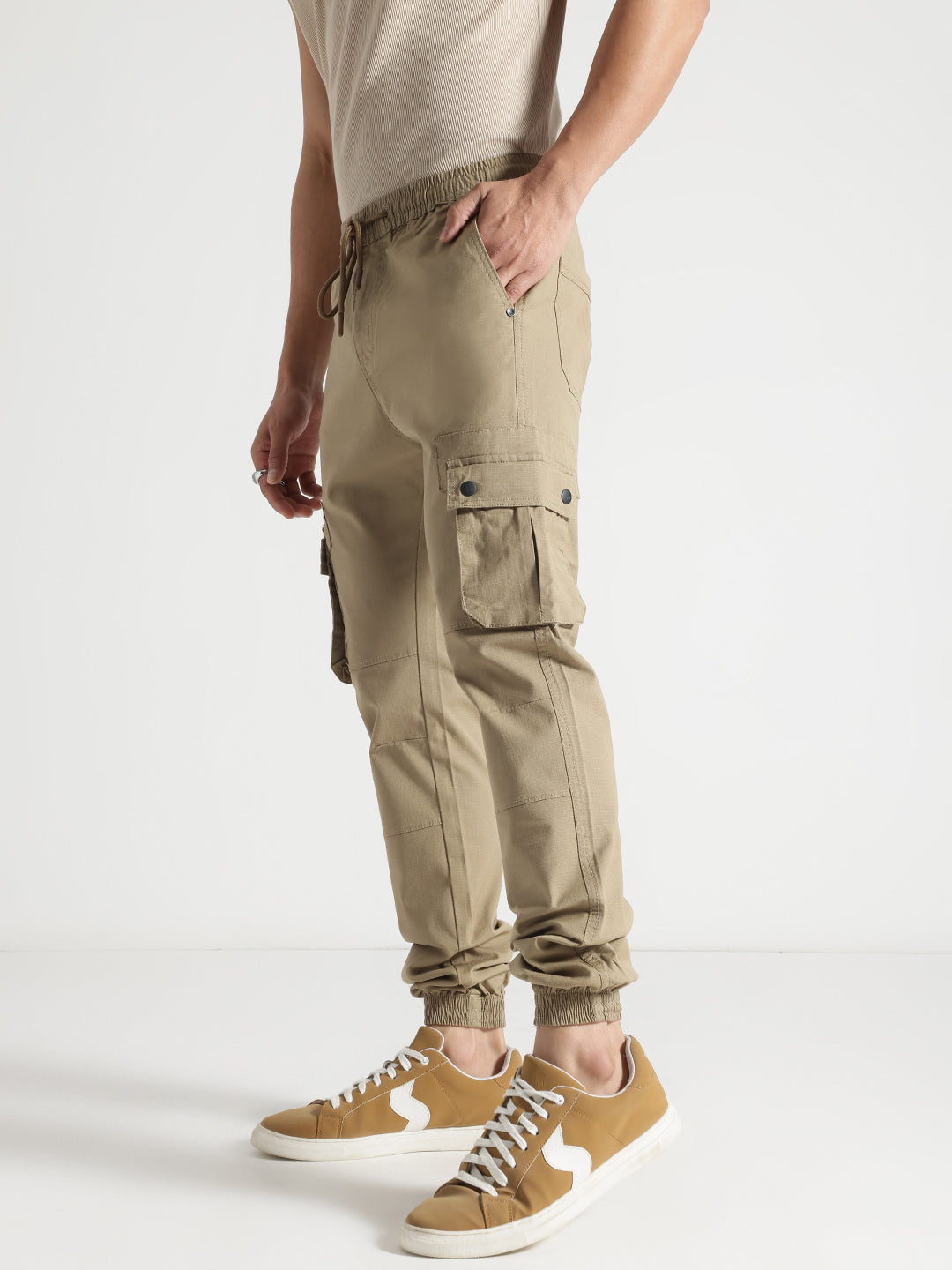 Khakhi Relaxed Fit Cotton Cargo Joggers