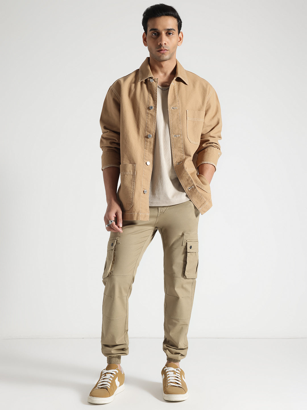 Khakhi Relaxed Fit Cotton Cargo Joggers