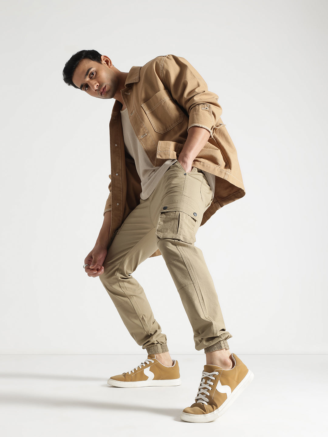 Khakhi Relaxed Fit Cotton Cargo Joggers