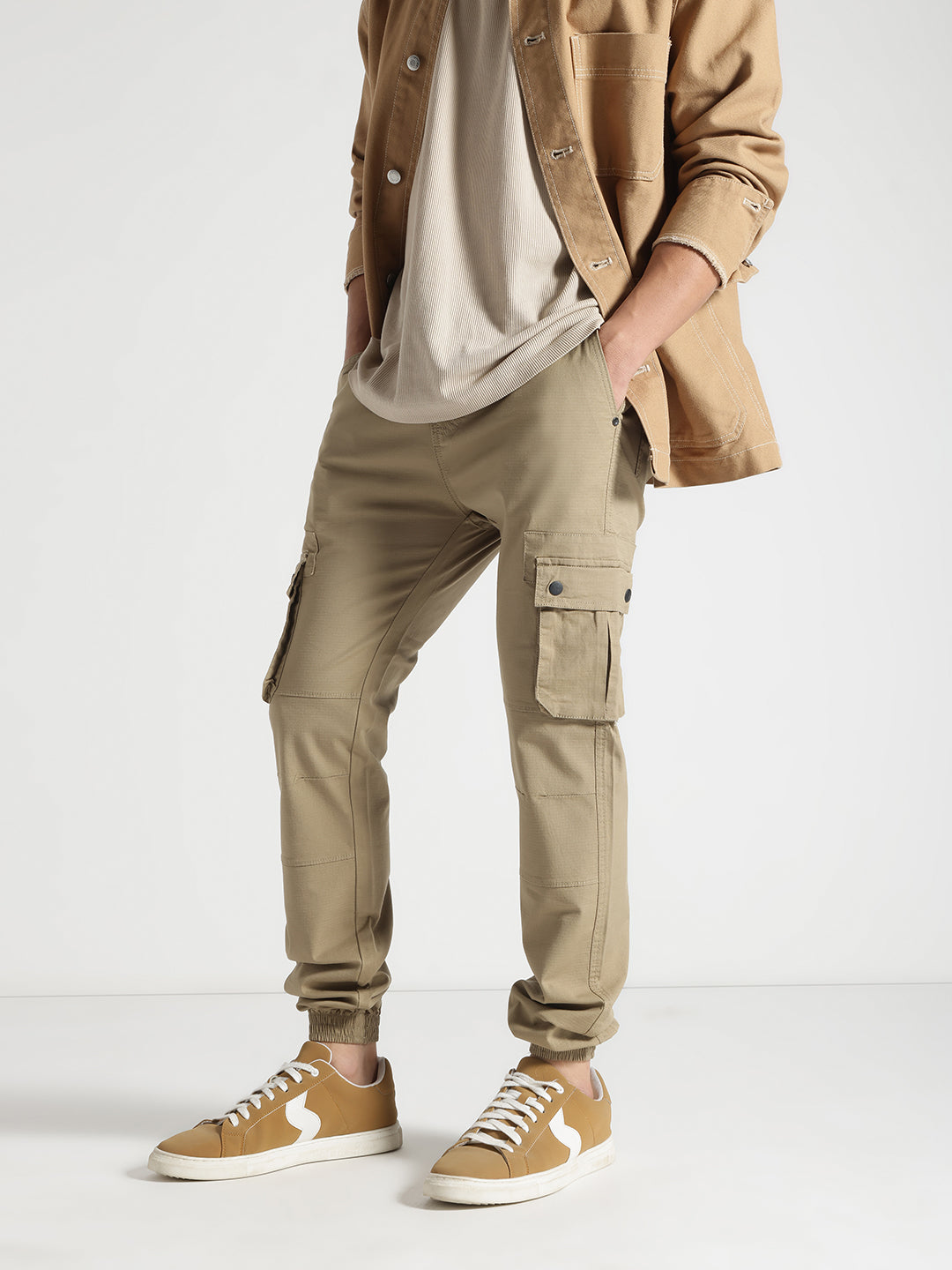 Khakhi Relaxed Fit Cotton Cargo Joggers